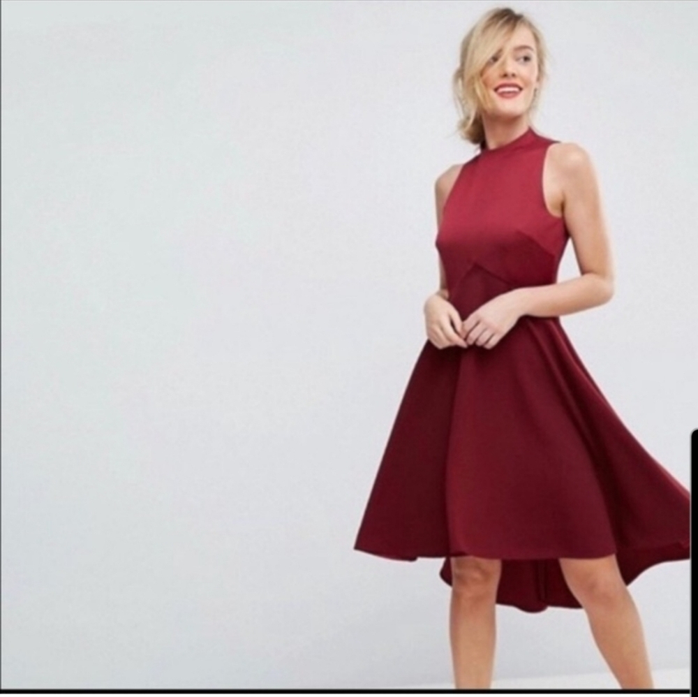 Ted Baker Dress Kandal Midi High Low Fit and Flare in Burgundy 1‎ XS